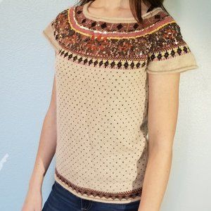 !!3 FOR $25 -- Beige & pin dot short sleeve fairisle sweater
